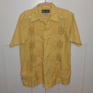 Vintage Guayateco Yellow Guayabera Button Down Shirt -XL/42 Mexico Wedding Cuban